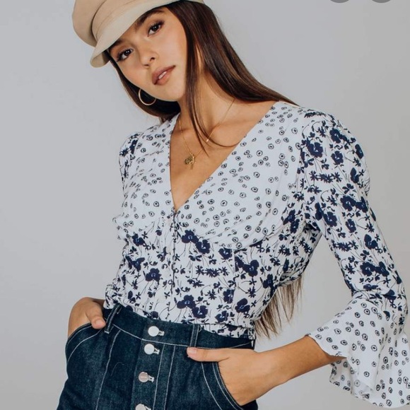 Free People Tops - Free People Lady Bohemian Blouse blue white